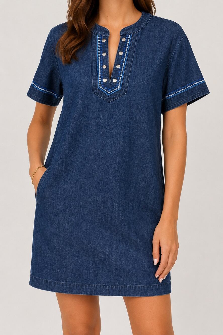 Lauren Ralph Lauren Petite 4P Denim Embroidered Shift Dress Pockets 100% Cotton